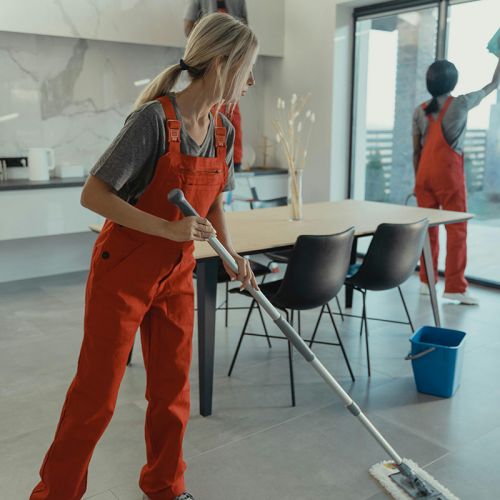 equipo de limpieza en vivienda